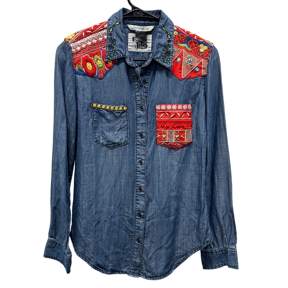 Desigual Denim Button-Down Shirt with Red Embroidered Accents